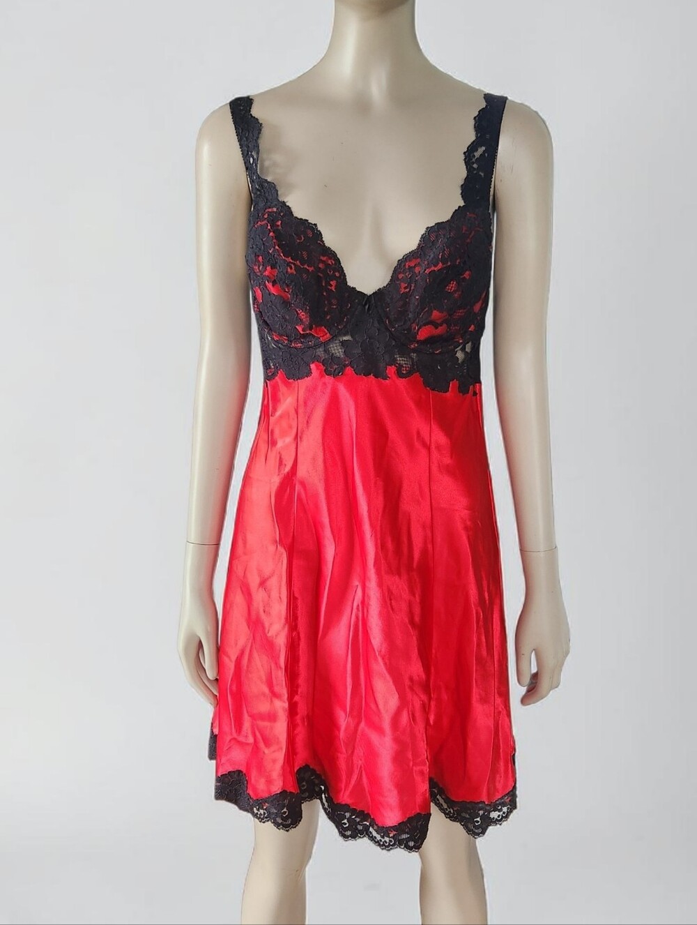 90s Victoria's Secret Chemise Underwire Slip Gown Womens M Red Black Lace Satin